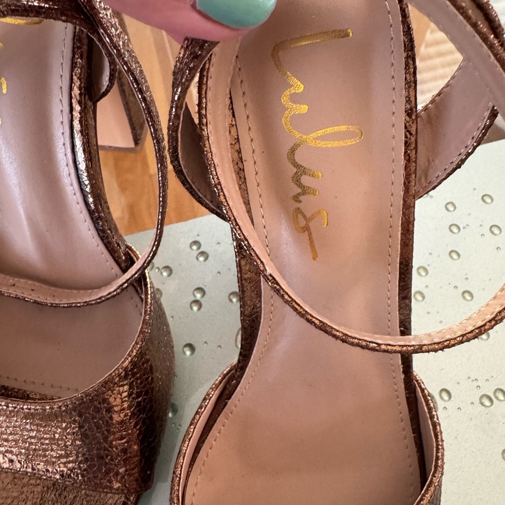 Lulus Laren Crackled Bronze Strap Block High Heel Sandals Size 6.5 - Picture 5 of 9